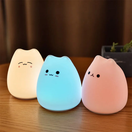 Cute Cat Night Light For Baby Kids Cartoon 7 Colors Silicone Sleeping